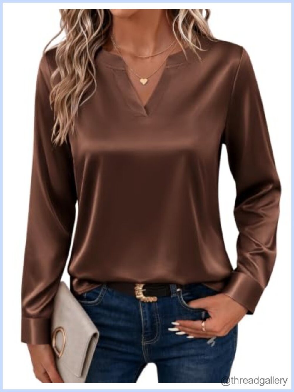 Satin Blouse Long Sleeve V-Neck Button Cuff Women's Work Top